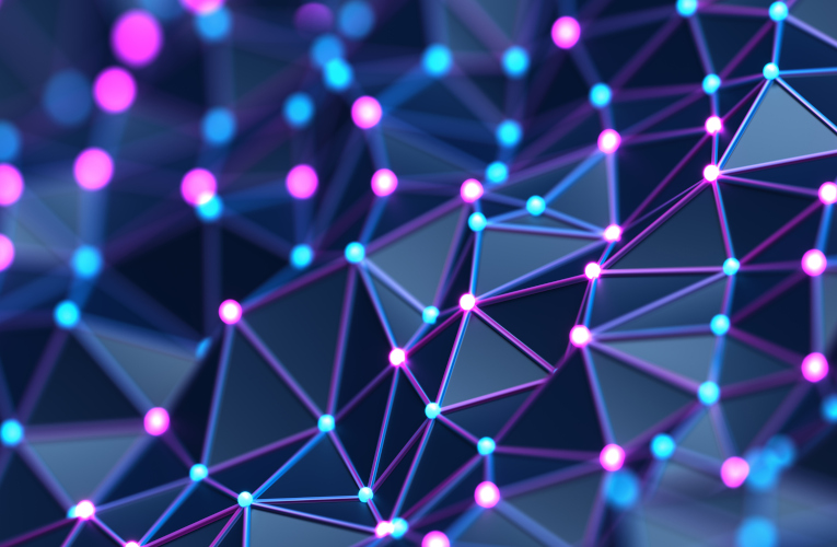 Futuristic digital technological background. Abstract connections technology and digital network. 3d illustration of the Big data and communications technology. Glowing neon dots.